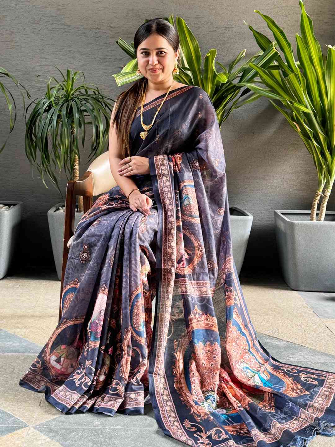 Exclusive Blue Colour Linen Saree with Digital Print