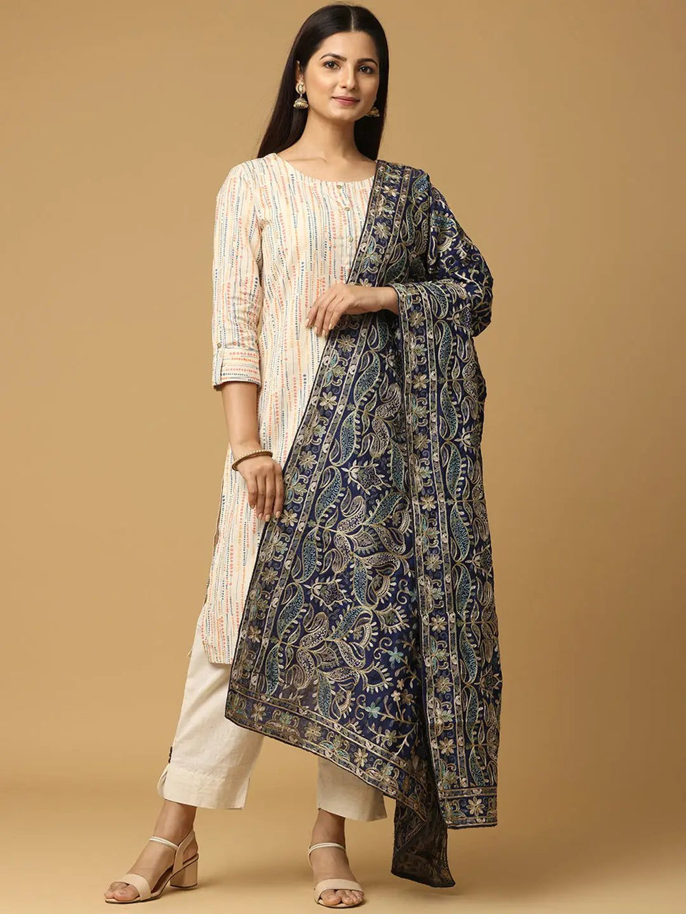 Stylish navy chiffon dupatta with resham thread embroidery