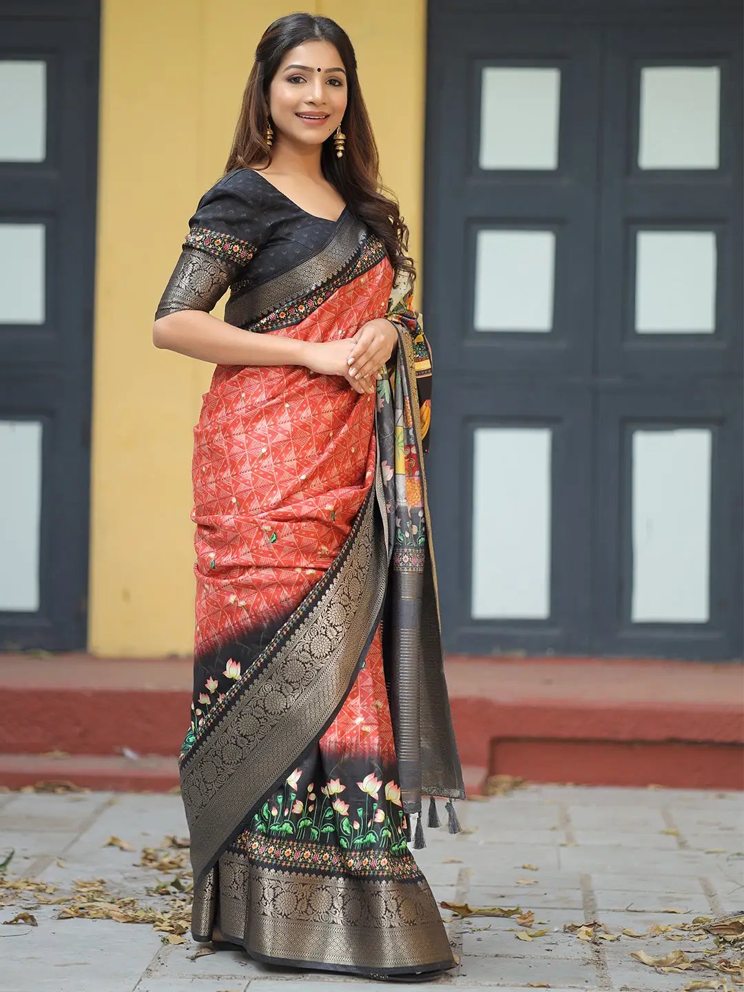 Red Colour Viscose Dola Silk Saree with Pichwai Print