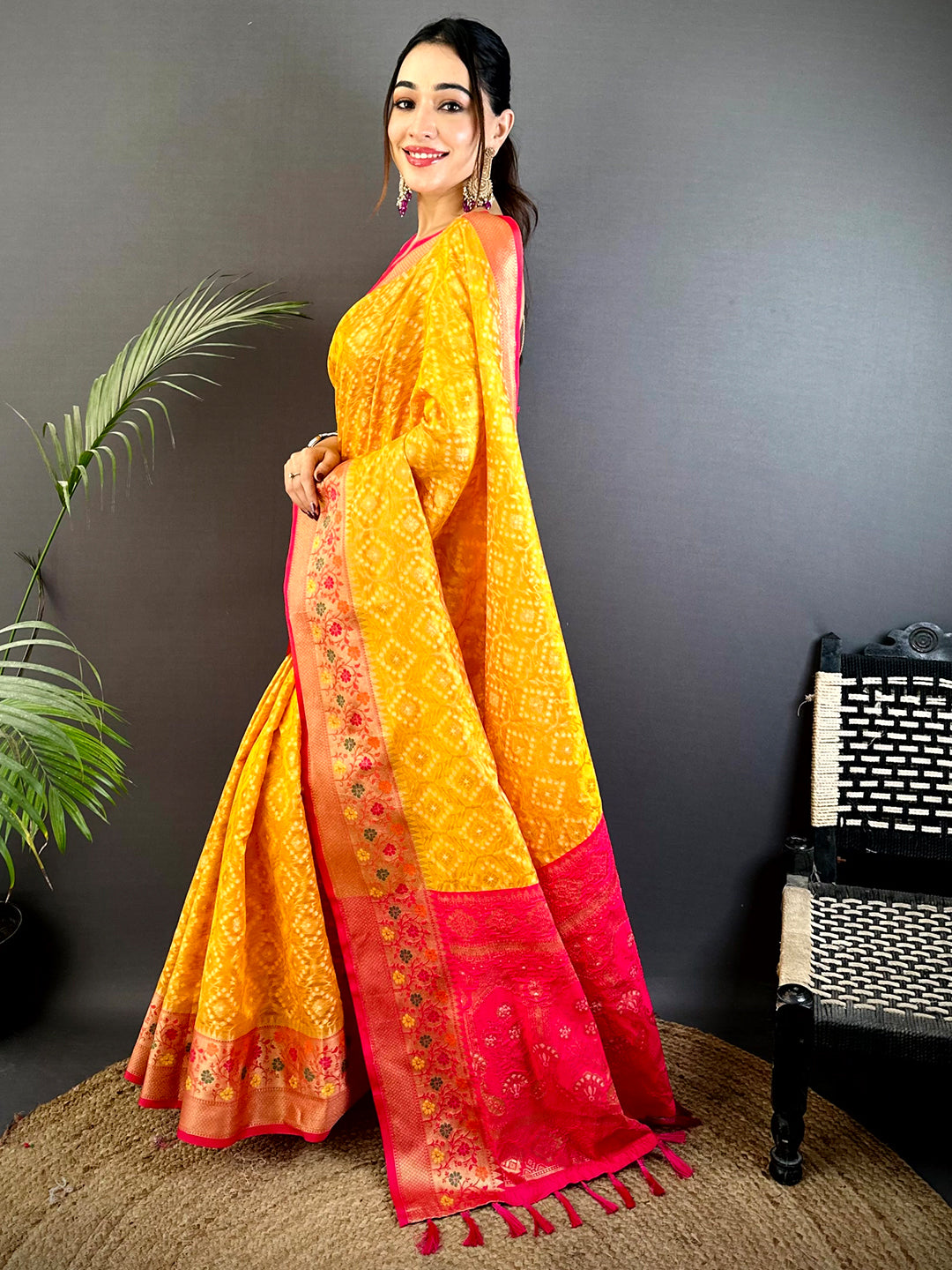 Yellow Banarasi Minakari Katan Silk Saree