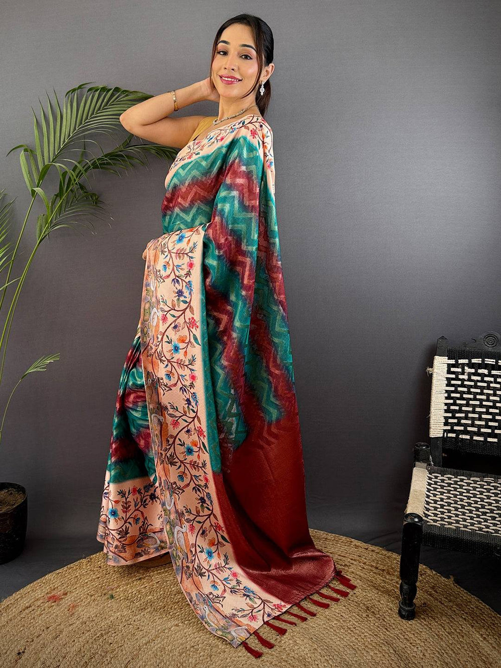 Teal Blue Madhubani Print Soft Silk Saree
