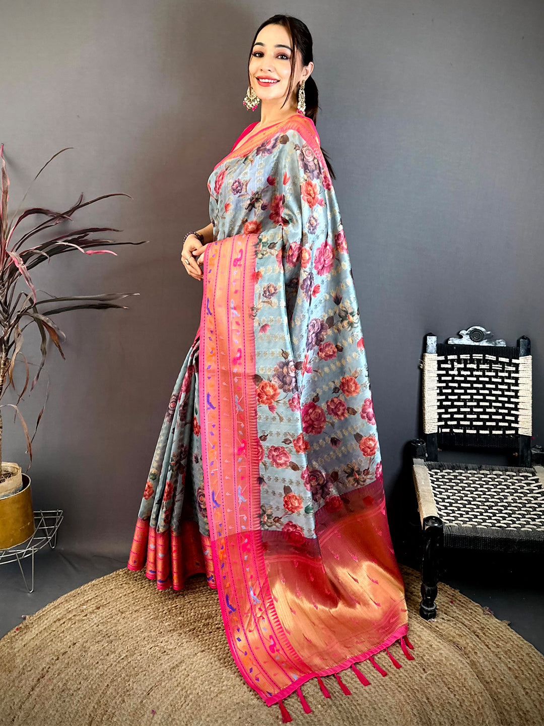 Sky Blue Paithani Border Kora Tissue Saree