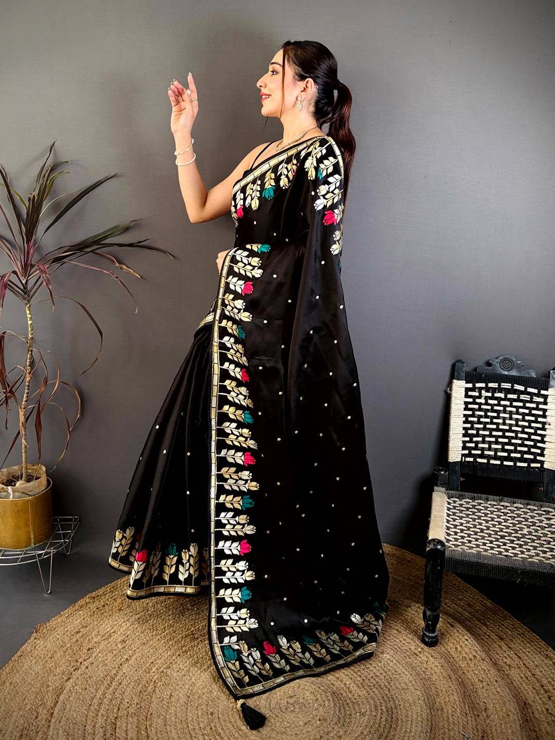 Black Soft Satin Minakari Aari Work Saree