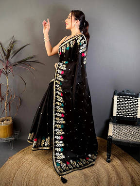 Black Soft Satin Minakari Aari Work Saree