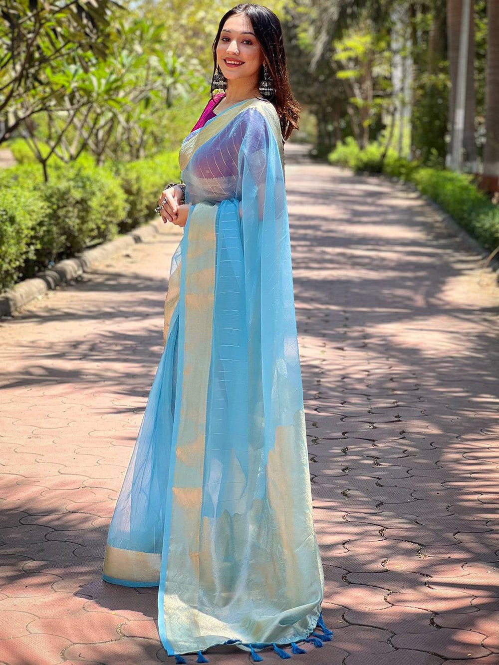 Elegant blue organza saree with fine gold zari border