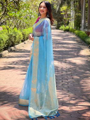 Elegant blue organza saree with fine gold zari border