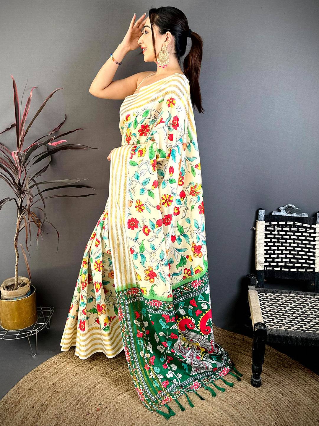 Royal Gold 5 Line Zari Kalamkari Saree
