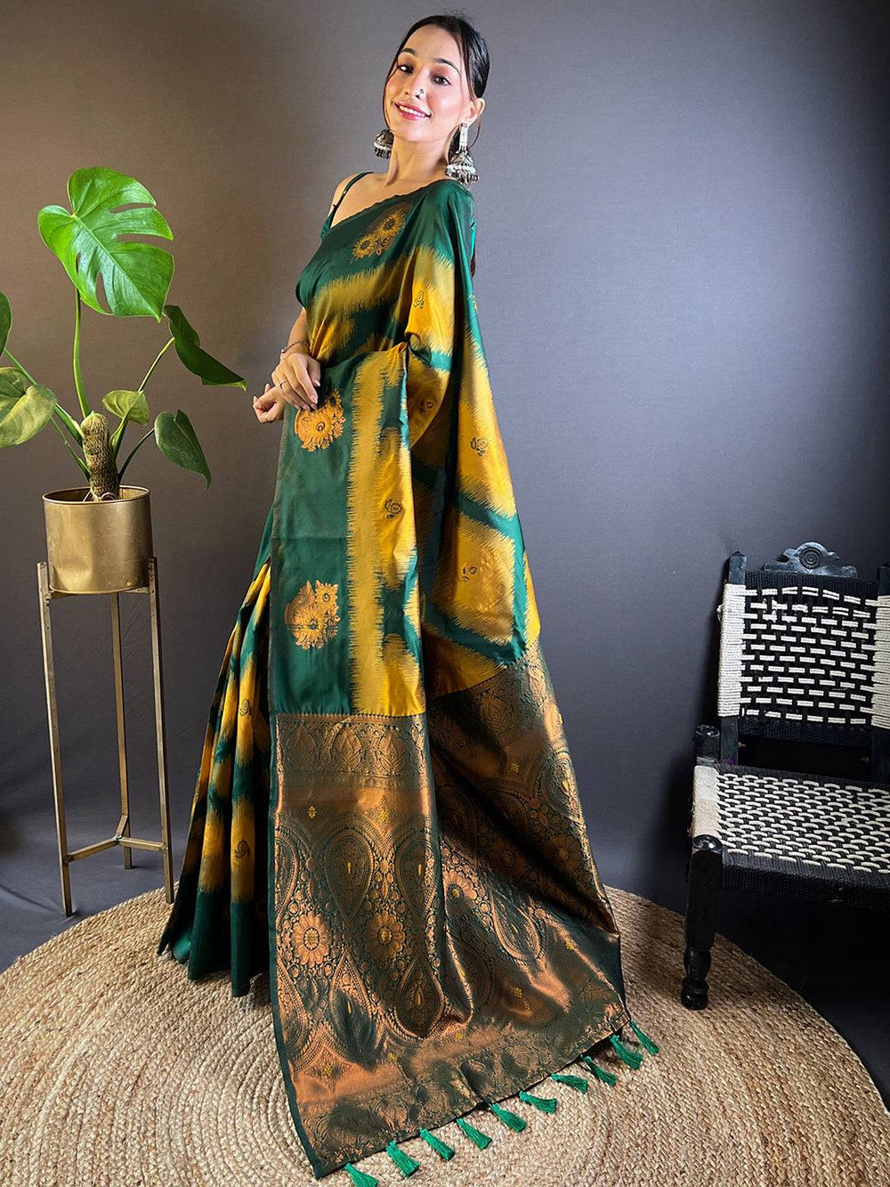 Traditional mustard tussar silk saree with ikkat design