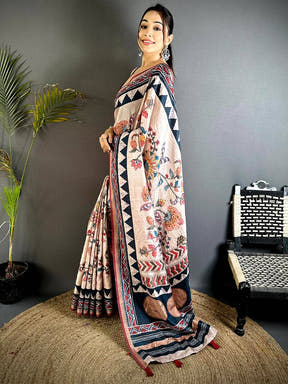 Stylish Ajrakh Kalamkari Tussar Saree


