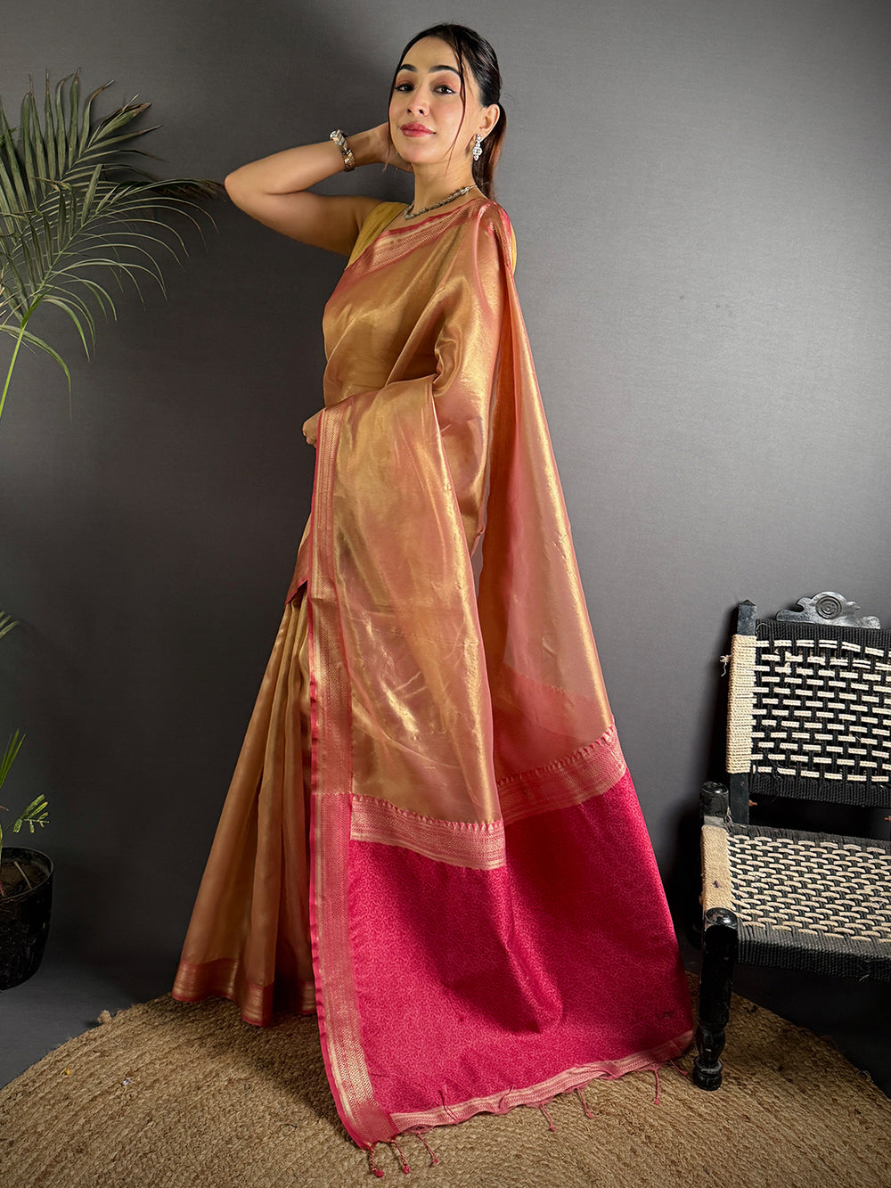 Radiant Pink Gold Zari Tissue Saree
