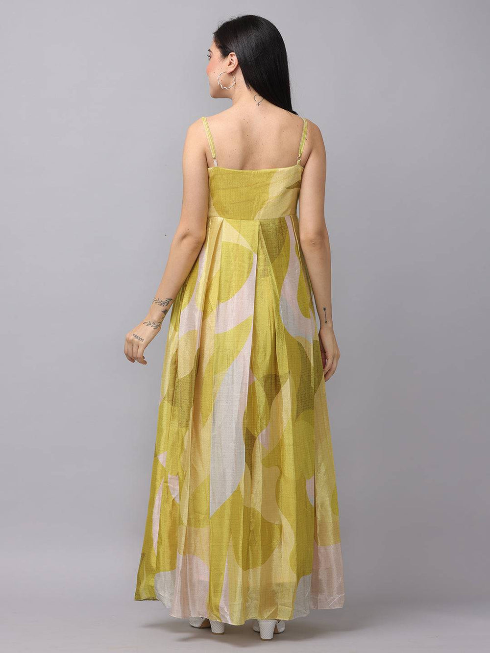 Back view of Spring Green Abstract Print Dress