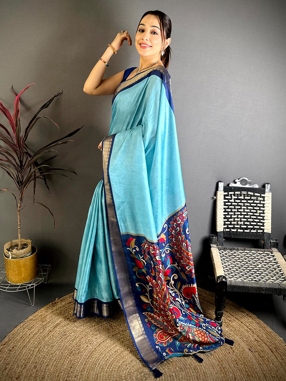 Aqua Kalamkari Pallu Dola Saree