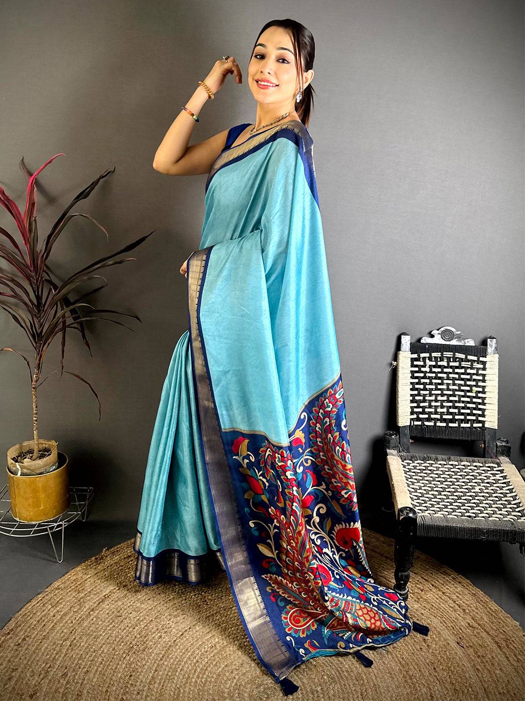 Aqua Kalamkari Pallu Dola Saree


