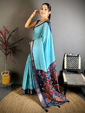 Aqua Kalamkari Pallu Dola Saree


