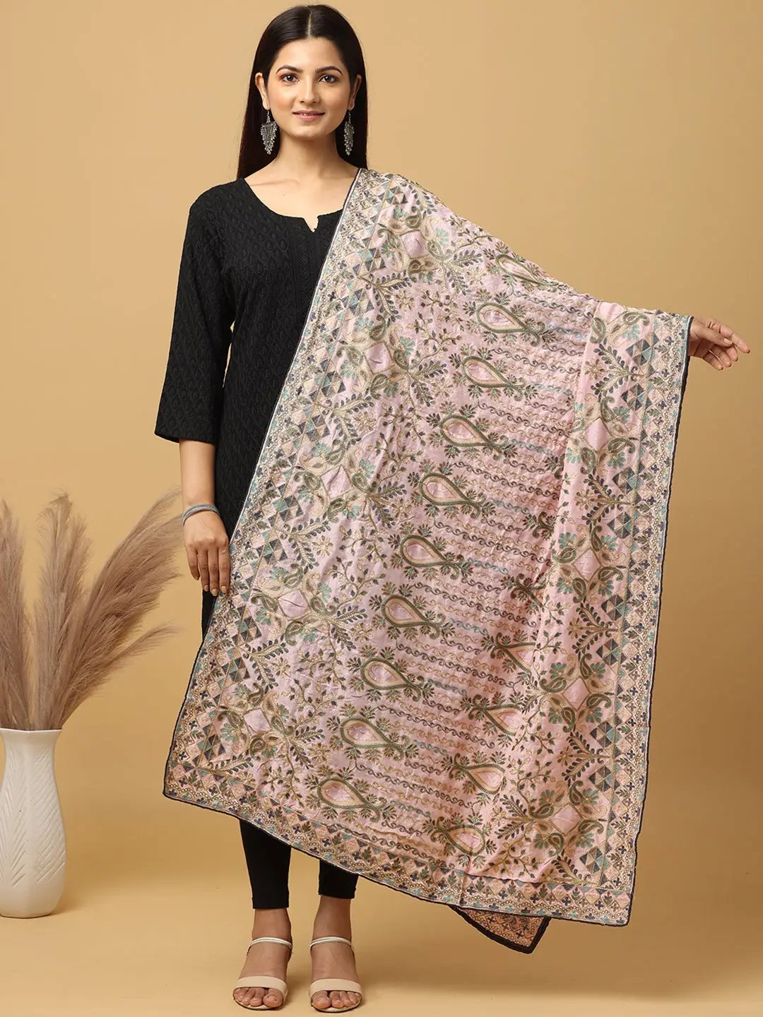 Light pink poly chiffon dupatta with intricate threadwork