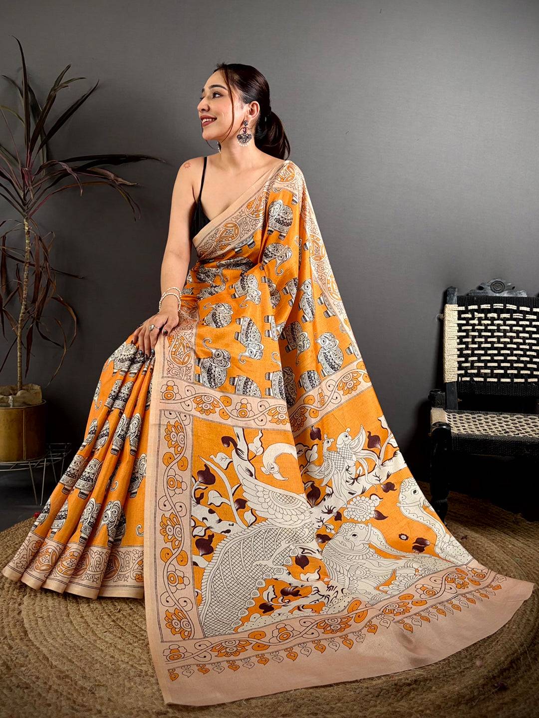 Artistic Ajrakh Style Tussar Kalamkari Saree