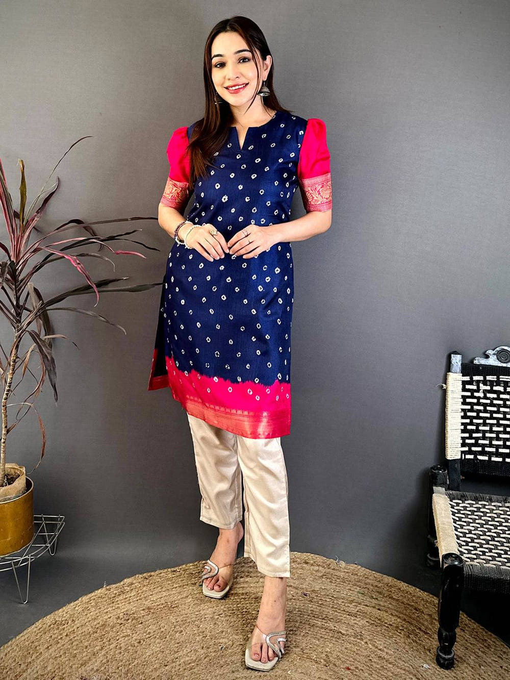 Navy Soft Dola Silk Round Slit Neck Kurti