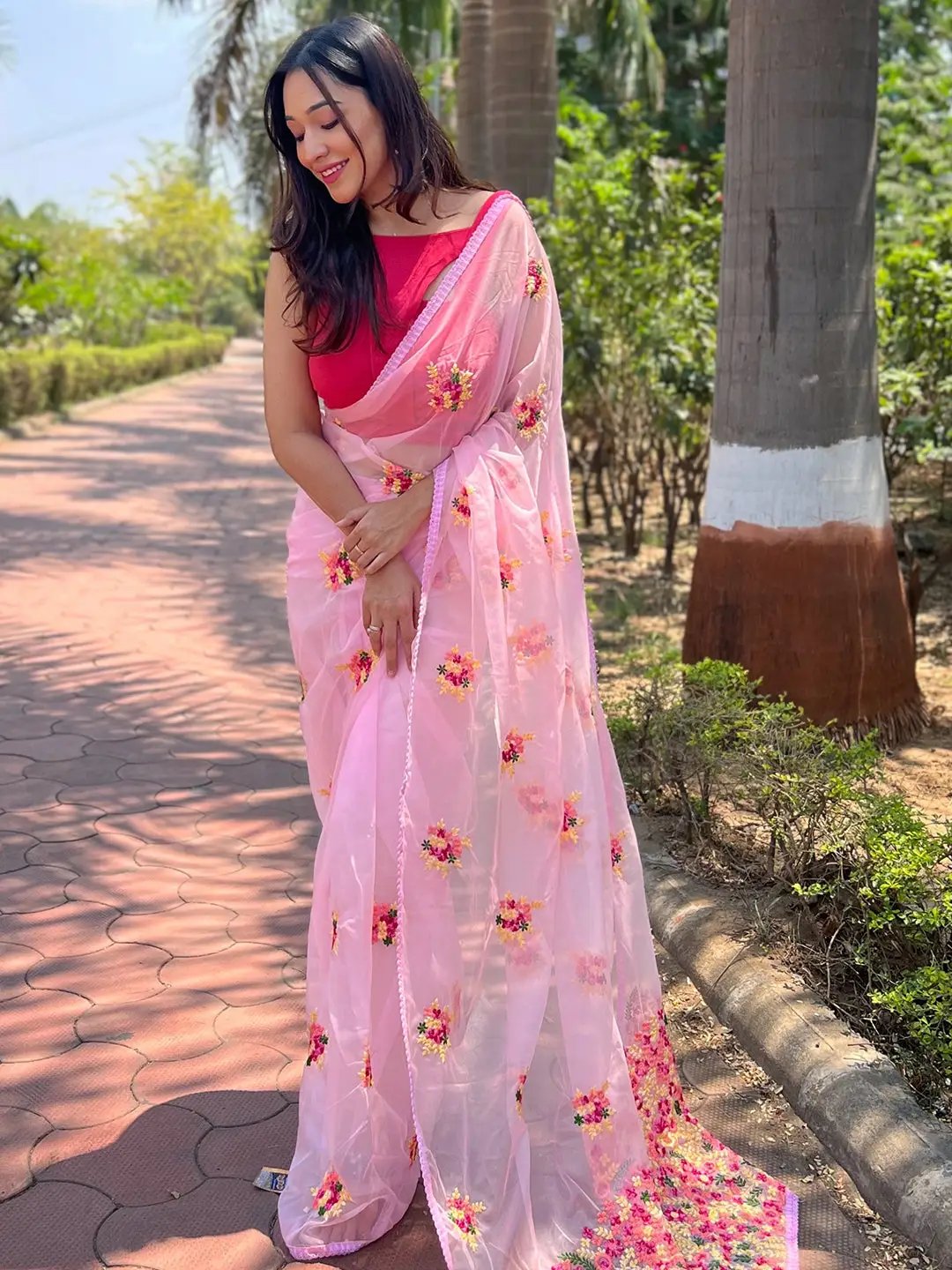 Trendy Pink Colour Floral Embroidered Organza Saree