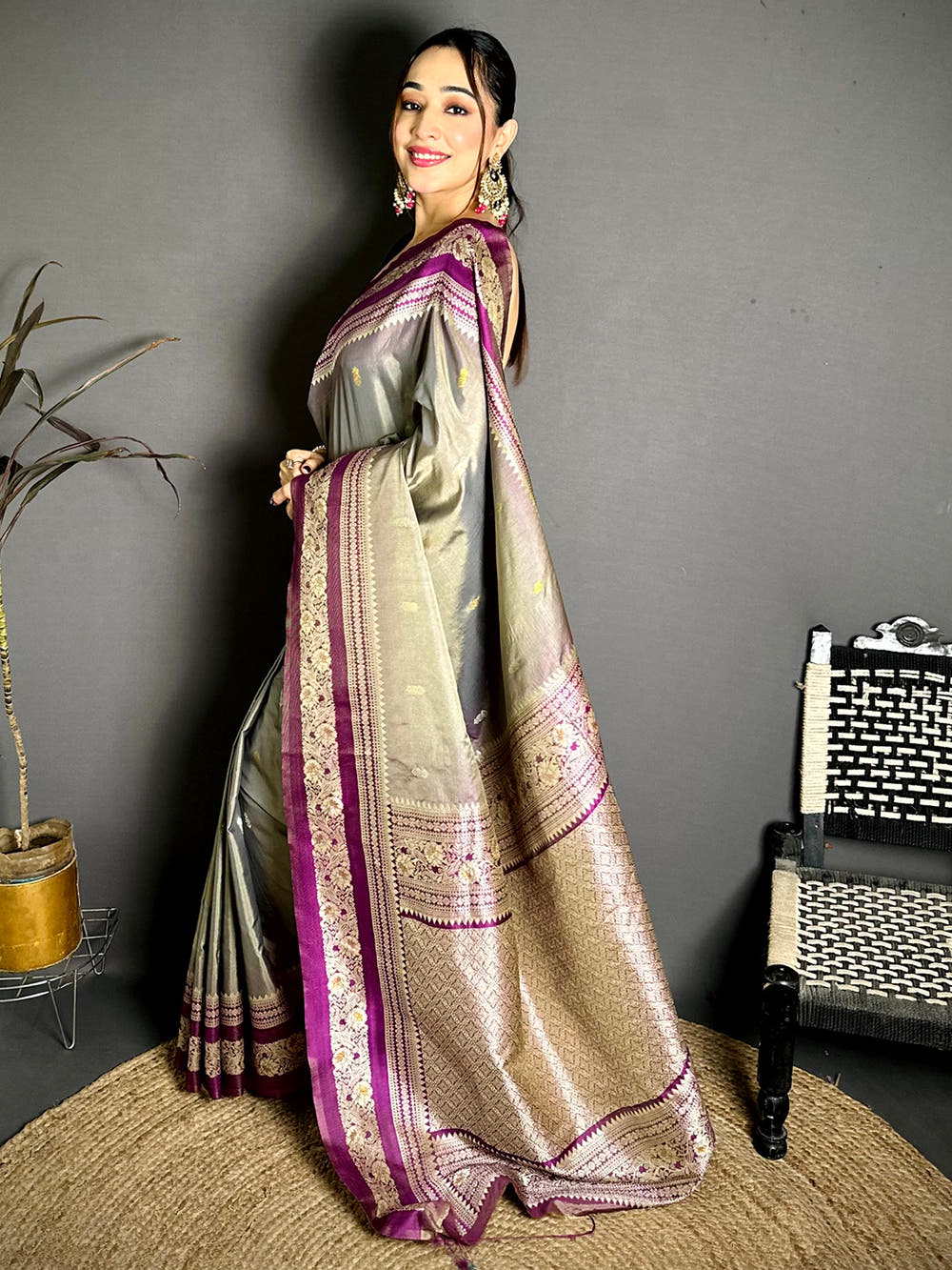 Gold Zari Woven Grey Soft Silk Saree