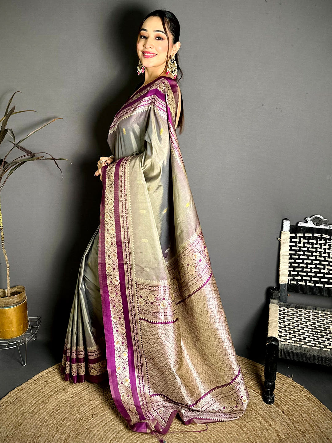 Gold Zari Woven Grey Soft Silk Saree