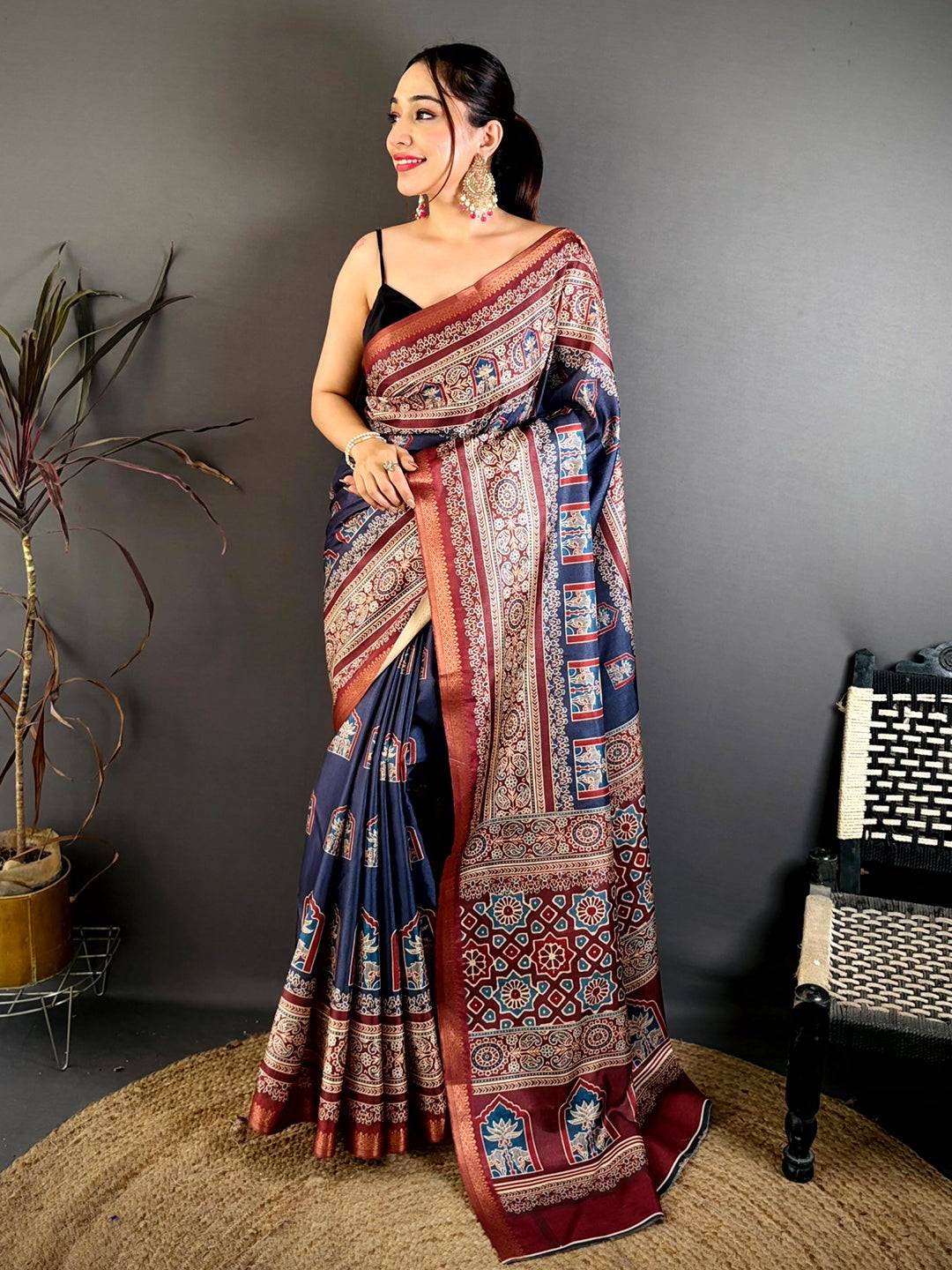 Vibrant Block Ajrakh Print Soft Tussar Saree

