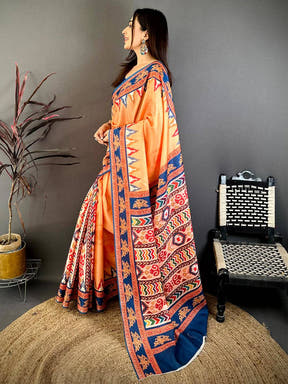 Orange Tanjore Ikkar Digital Tussar Saree