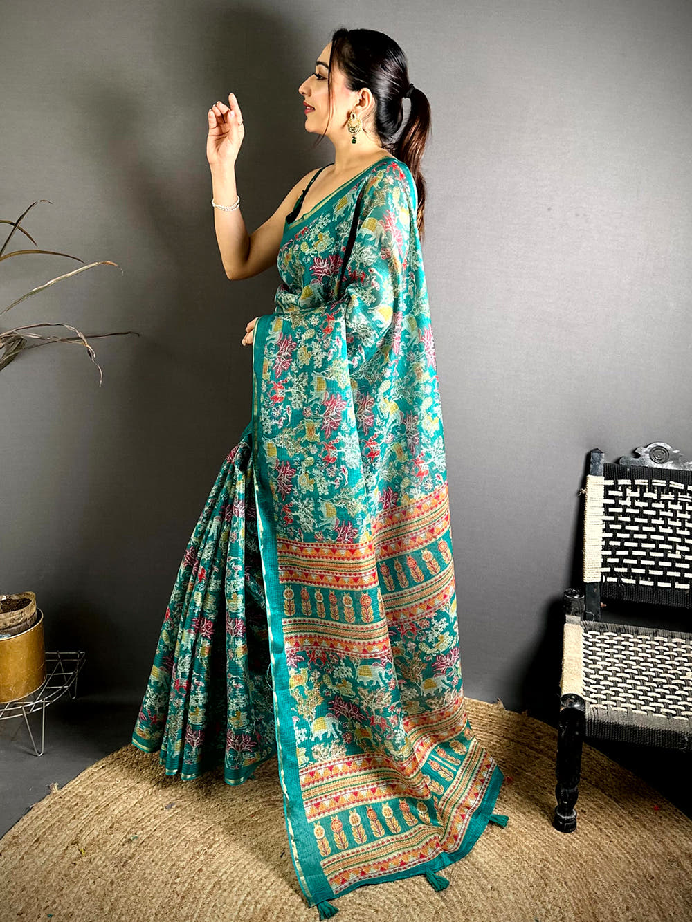 Teal Kota Doriya Kalamkari Print Saree