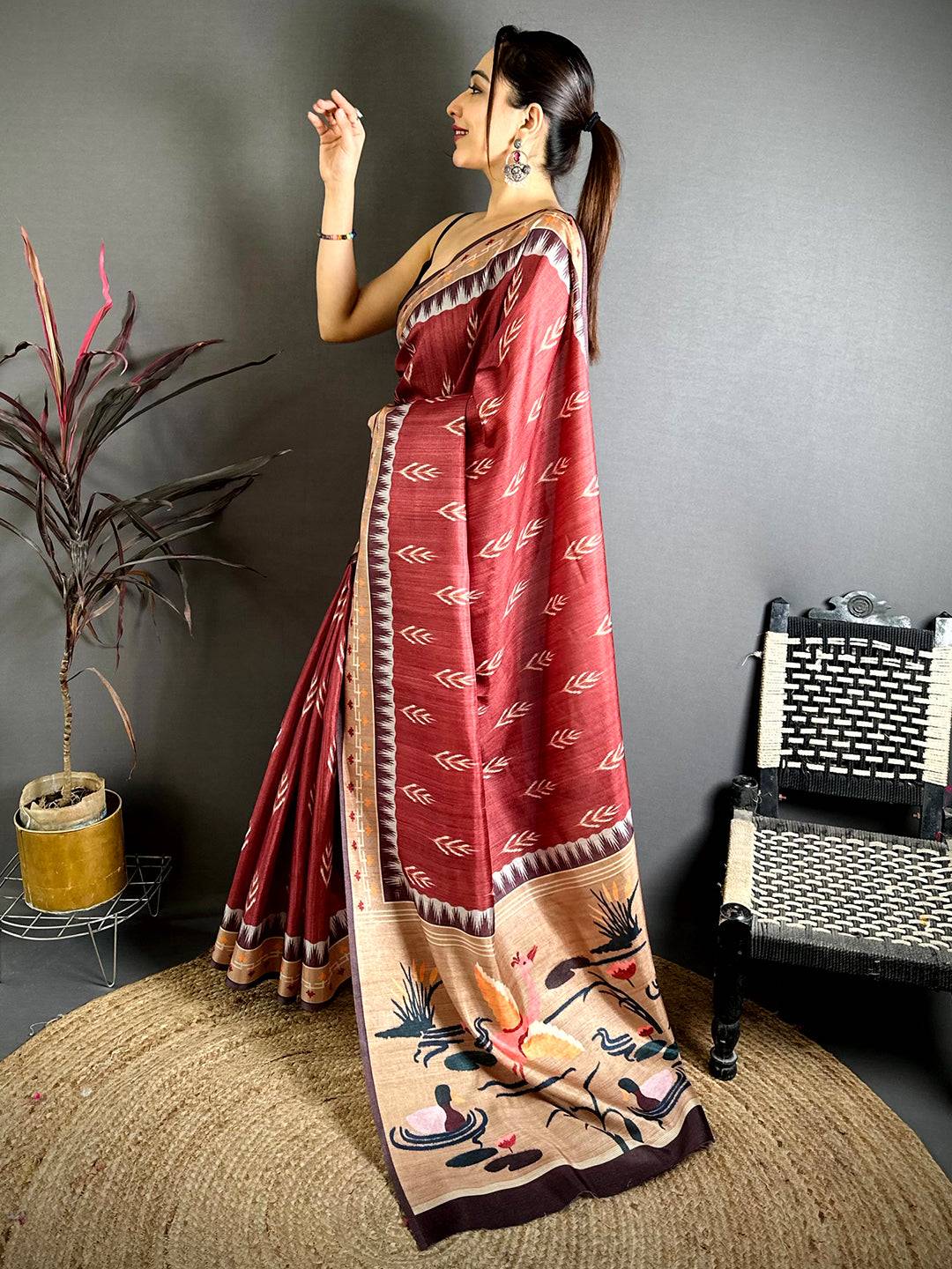 Classic Red Bold Ikkat Tussar Saree