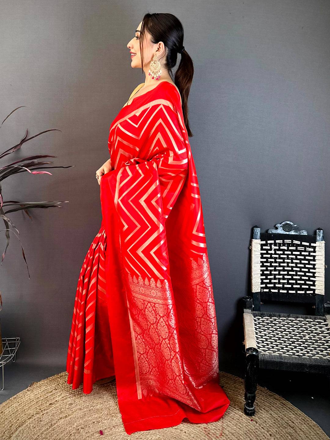 Red Geometric Zari Weave Banarasi Saree