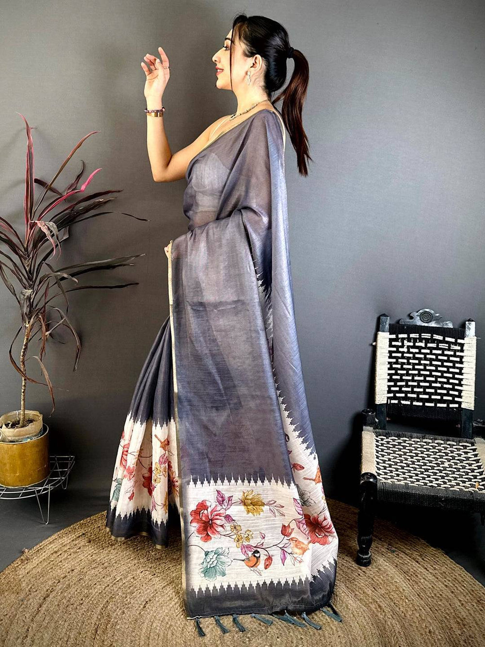 Grey Floral Ikat Linen Chanderi Saree
