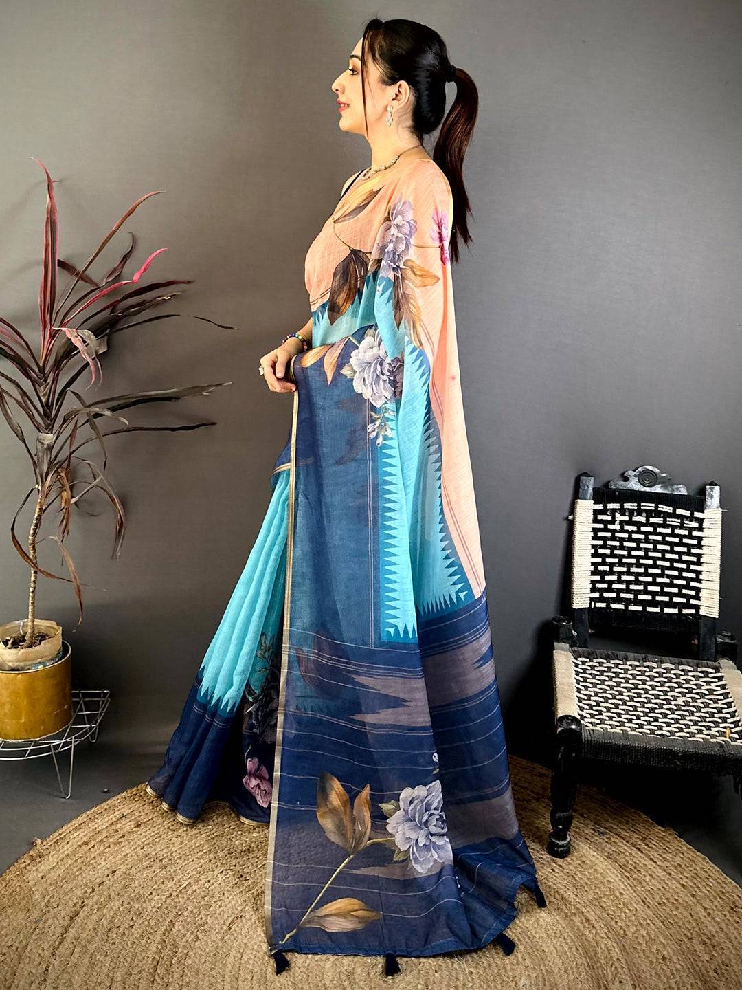 Heritage Floral Linen Chanderi Saree