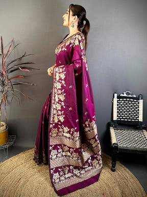 Close-up of Dark Purple Soft Silk Kanjivaram Saree with Gold Embroidery on Grass