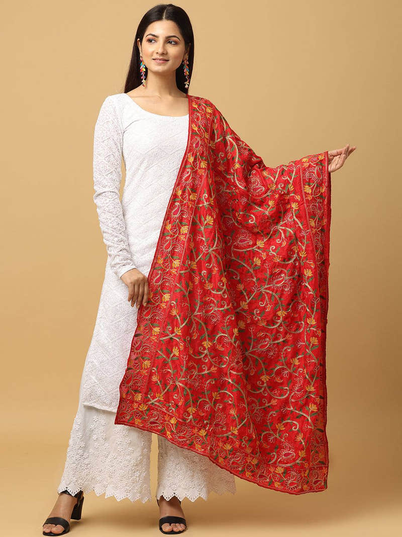 Red Scattered Floral Pashmina Dupatta