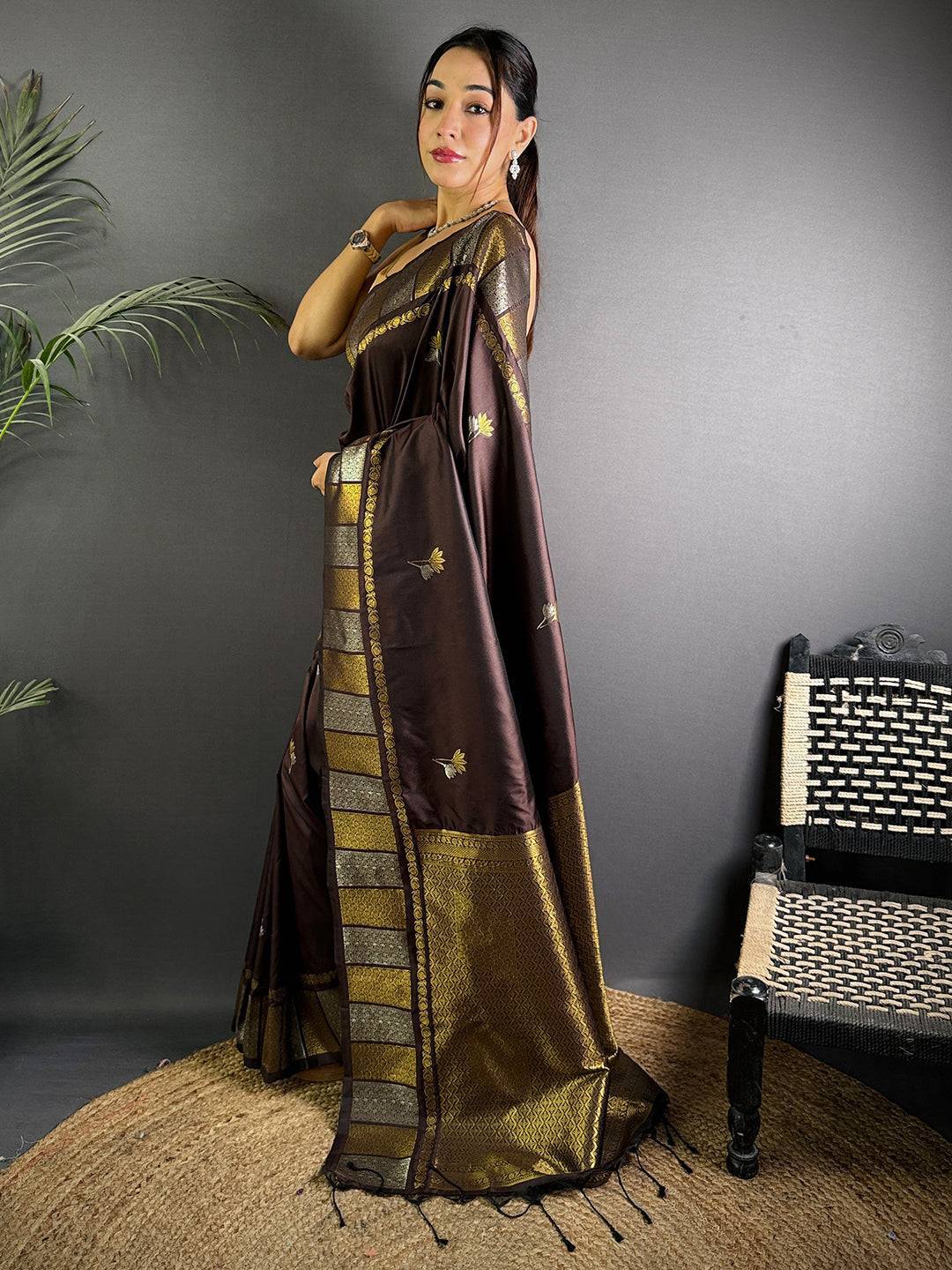 Brown Soft Silk Sona Chandi Butta Saree


