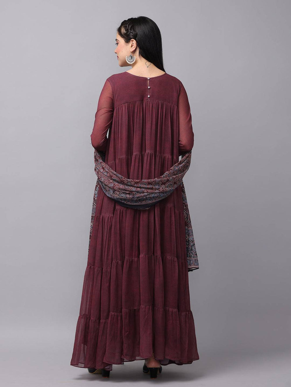 Back view of mulberry long dress with floral dupatta