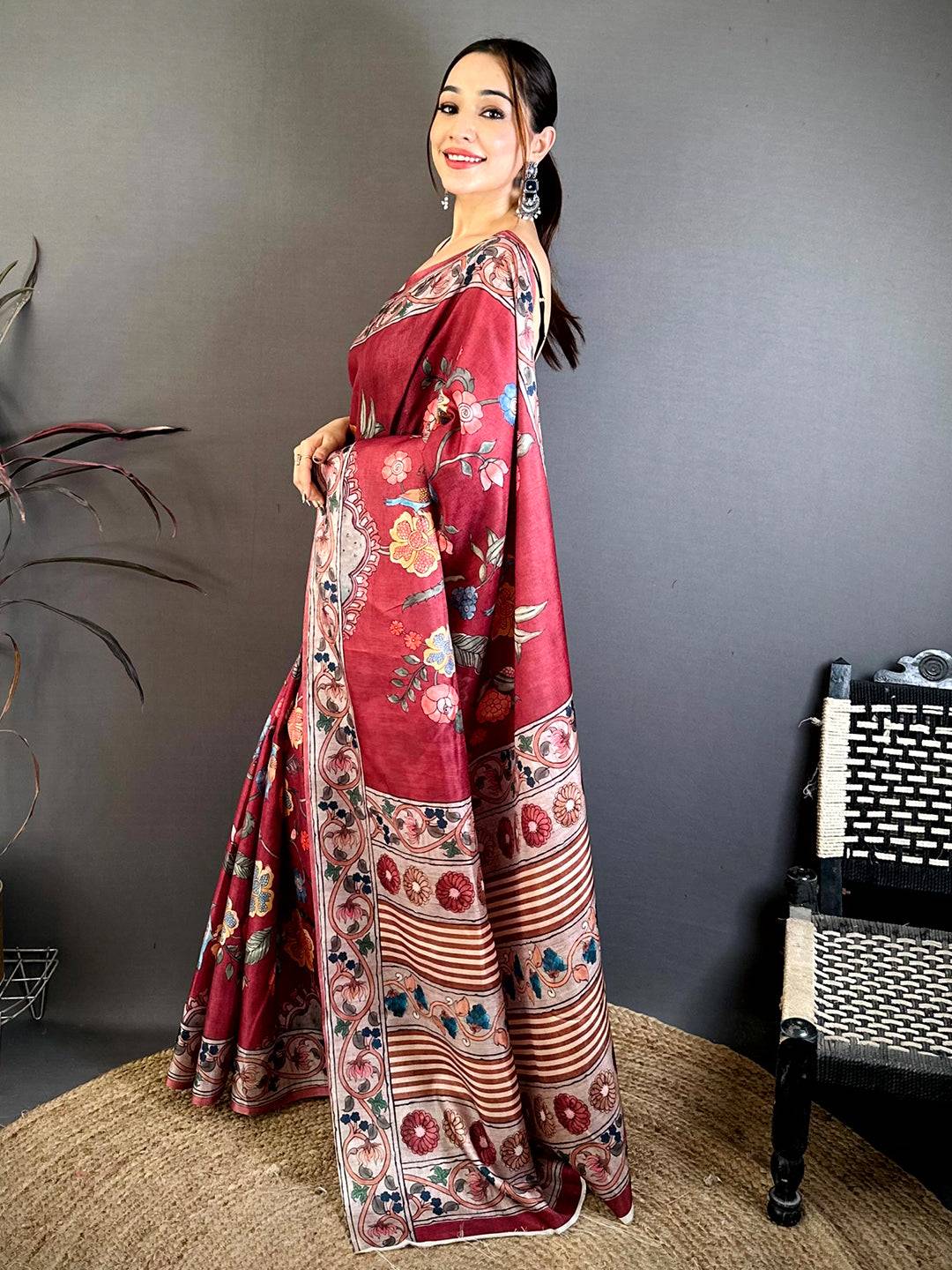 Classic Kalamkari Print Tussar Saree