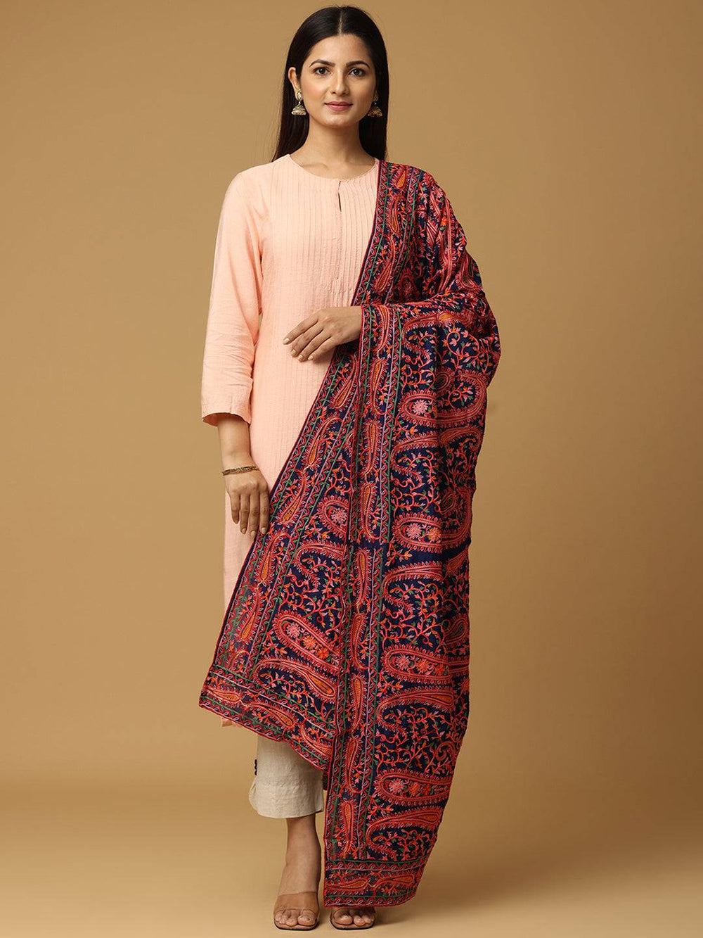 Front view of navy and red embroidered dupatta with ethnic motifs.
