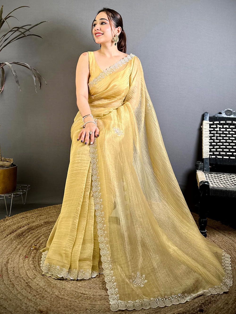 Stylish Silver Diamond Cutwork Tissue Saree