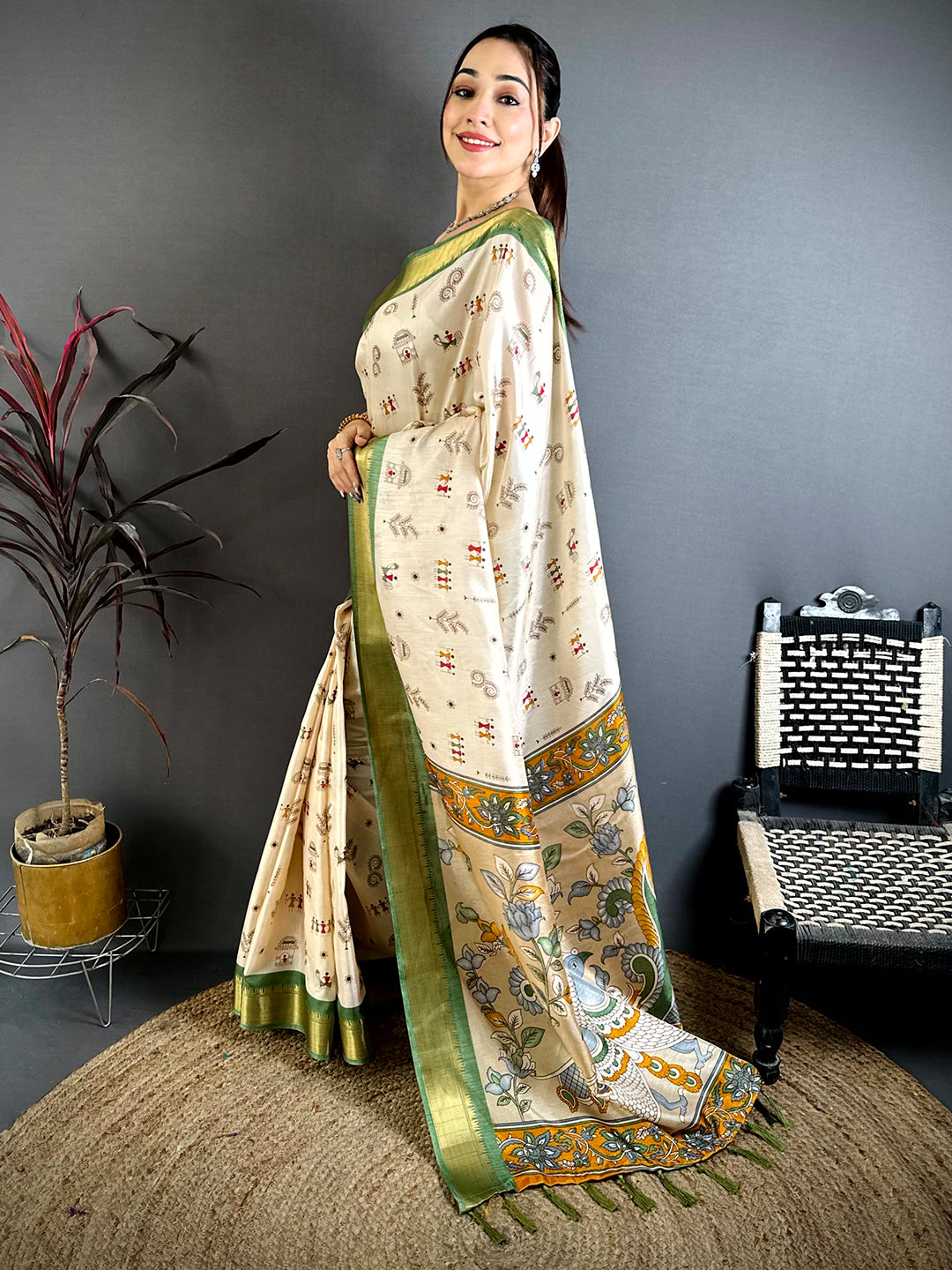 Green Soft Dola Silk Warli Print Saree