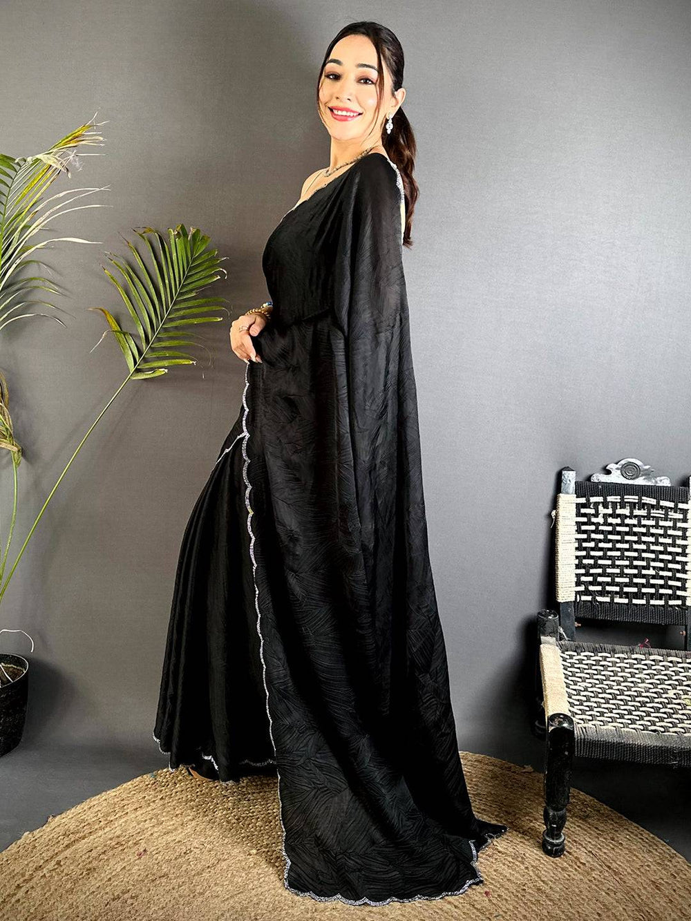 Black Swarovski Silk Crush Saree


