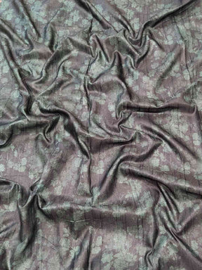 Teal silk fabric with copper zari floral design
