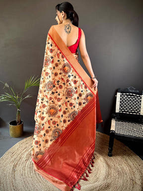 Beige Digital Kalamkari Printed Tussar Silk Saree