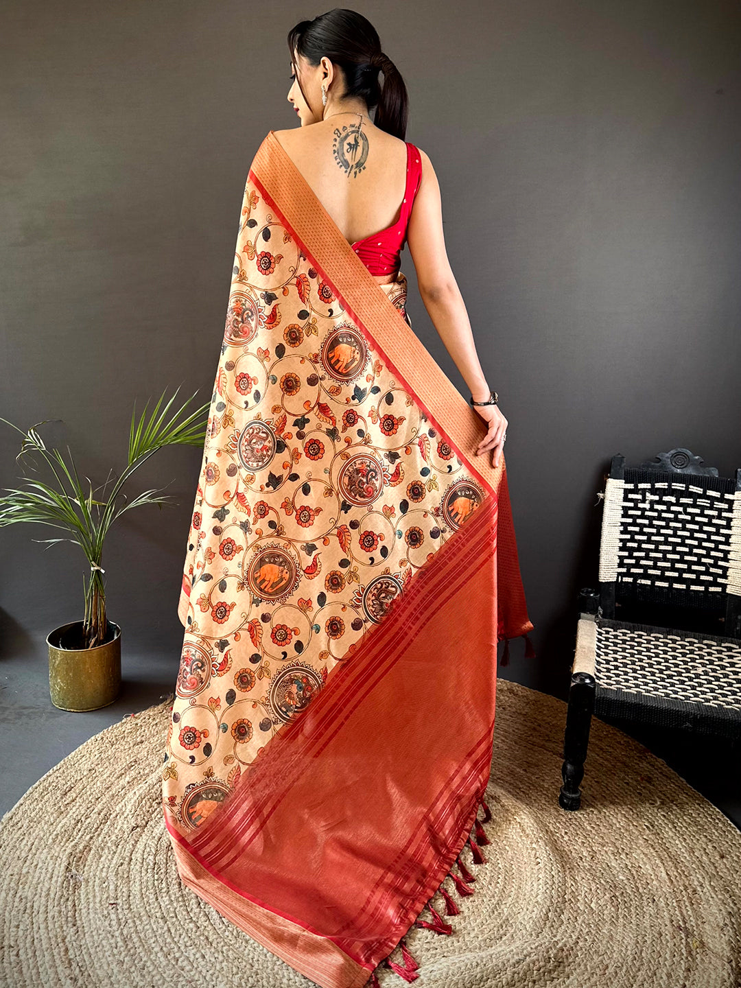 Beige Digital Kalamkari Printed Tussar Silk Saree