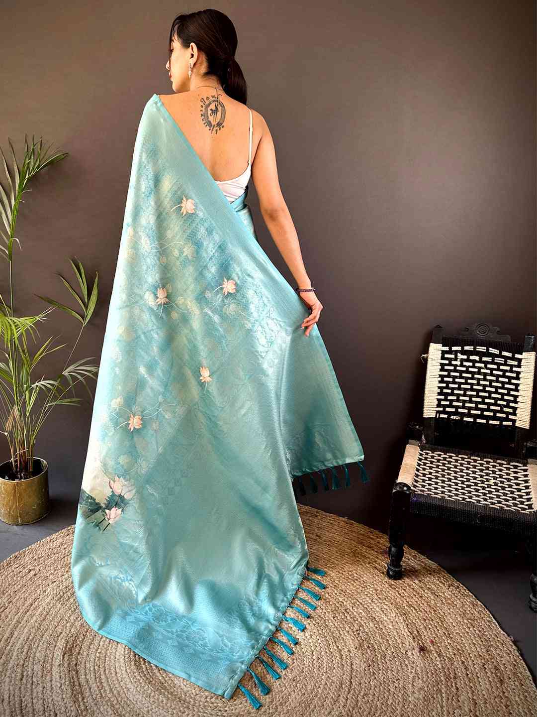 Turquoise Kanjivaram Digital Silk Saree