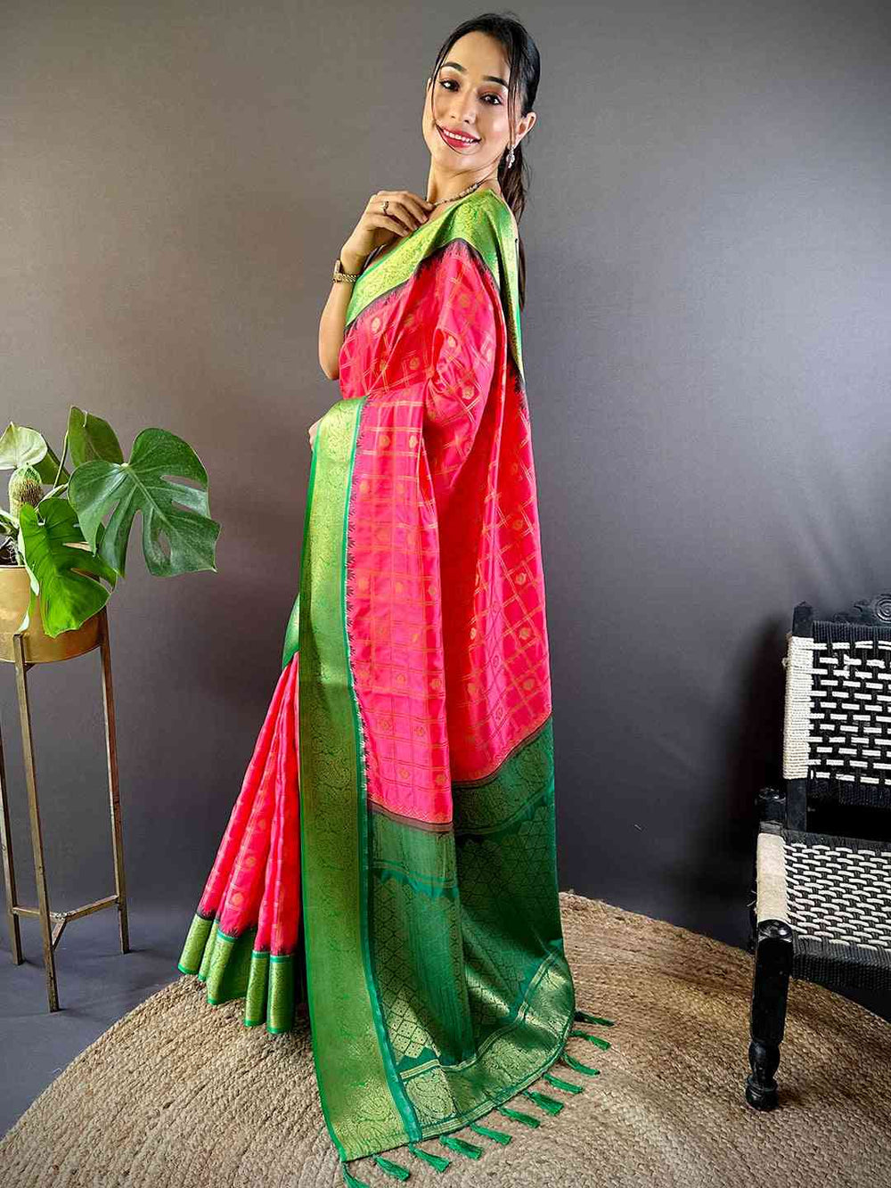 Elegant pose in blush pink Kovai Banarasi silk saree with green accents