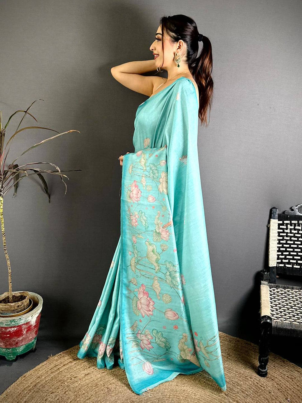 Elegant Tussar Lotus Ikkat Border Saree