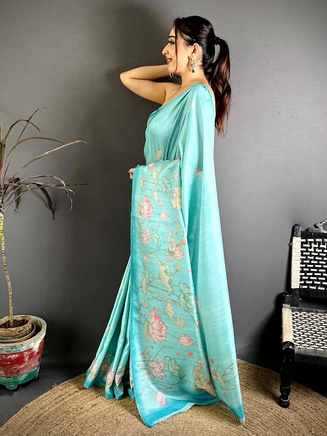 Elegant Tussar Lotus Ikkat Border Saree
