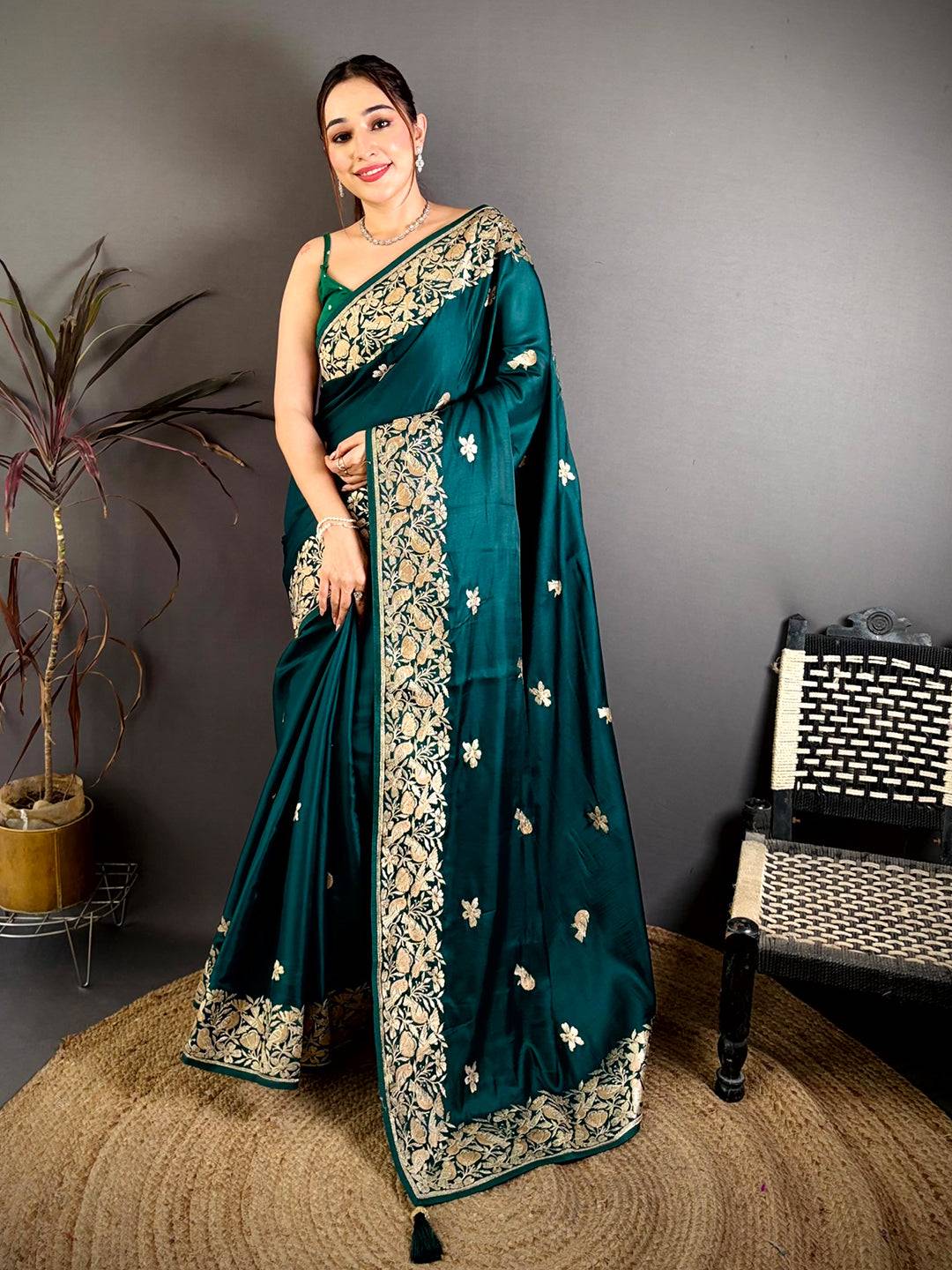 Green Aari Bird Work Soft Satin Saree