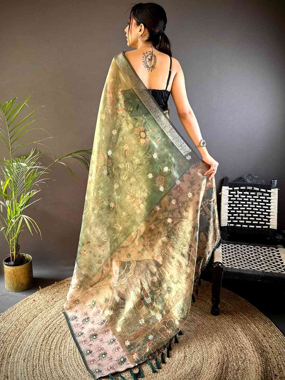 Green Floral Satin Bentex Border Saree