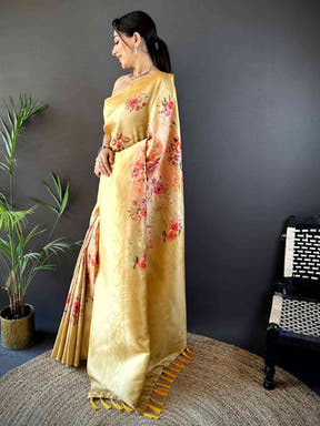 Golden Yellow Kanjivaram Digital Silk Saree